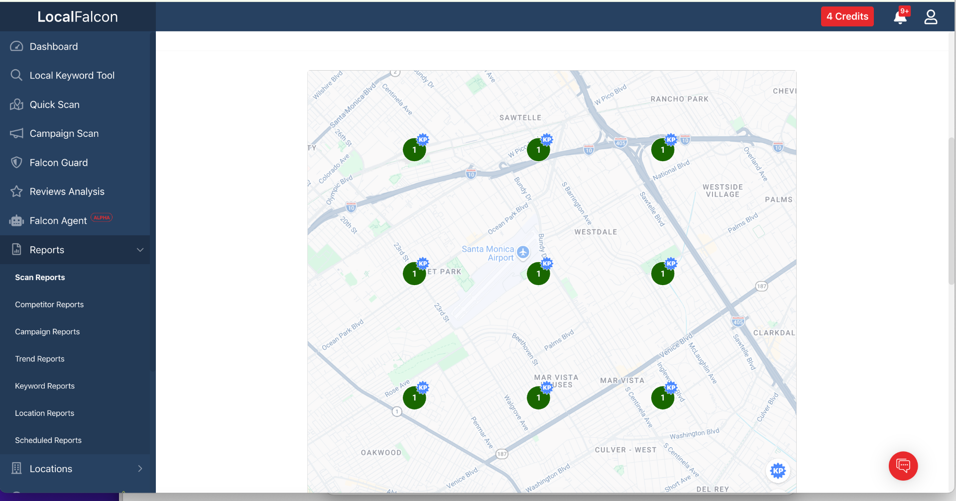 LocalFalcon geo-grid scan showing #1 rankings across the service area